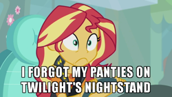 Size: 600x341 | Tagged: safe, edit, edited screencap, screencap, sunset shimmer, better together, driving miss shimmer, driving miss shimmer: fluttershy, equestria girls, caption, car, faic, image macro, implied lesbian, implied scitwishimmer, implied sex, implied shipping, implied sunsetsparkle, meme, solo