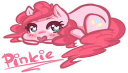 Size: 900x520 | Tagged: safe, artist:chiakitasso, pinkie pie, earth pony, pony, chibi, heart eyes, lying, smiling, solo