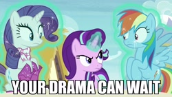 Size: 1920x1080 | Tagged: safe, edit, edited screencap, screencap, rainbow dash, rarity, starlight glimmer, pegasus, pony, unicorn, the end in friend, image macro, levitation, magic, meme, reaction image, starlight is not amused, telekinesis, unamused