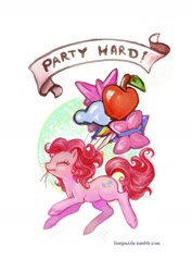 Size: 1699x2400 | Tagged: safe, artist:linnpuzzle, pinkie pie, earth pony, pony, balloon, eyes closed, mouth hold, old banner, party hard, solo