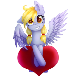 Size: 1900x1900 | Tagged: safe, artist:0okami-0ni, derpy hooves, pegasus, pony, alternate hairstyle, background pony, cute, derpabetes, female, heart, hearts and hooves day, looking at you, mare, pigtails, solo, valentine's day