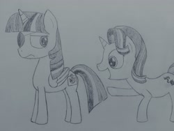 Size: 4032x3024 | Tagged: safe, artist:cheesy-puffs, starlight glimmer, twilight sparkle, twilight sparkle (alicorn), alicorn, pony, unicorn, friendship university, duo, duo female, eyepatch, eyepatch (disguise), female, grayscale, monochrome, traditional art