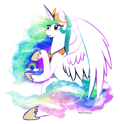 Size: 763x791 | Tagged: safe, artist:christmaslolly, princess celestia, alicorn, pony, female, horn, mare, multicolored mane, rainbow, solo, white coat