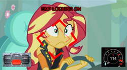 Size: 640x357 | Tagged: safe, sunset shimmer, better together, driving miss shimmer, driving miss shimmer: fluttershy, equestria girls, car, emp, imminent murder, meme, need for speed, need for speed: hot pursuit, oh shit, shocked, this will end in pain, this will not end well