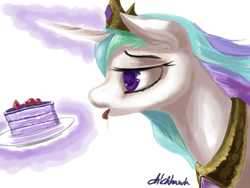 Size: 1024x768 | Tagged: safe, artist:chickhawk96, princess celestia, alicorn, pony, cake, cakelestia, magic, solo, telekinesis