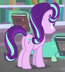 Size: 473x523 | Tagged: safe, screencap, starlight glimmer, pony, unicorn, the end in friend, book, cropped, female, glowing horn, horn, magic, mare, plot, smiling, solo, telekinesis