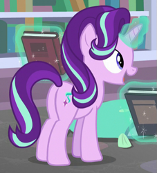 Size: 475x522 | Tagged: safe, screencap, starlight glimmer, pony, unicorn, the end in friend, cropped, female, glimmer glutes, glowing horn, horn, magic, mare, open mouth, plot, smiling, solo, telekinesis