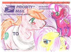 Size: 700x516 | Tagged: safe, artist:gothicsugarart, big macintosh, cheerilee, fluttershy, earth pony, pegasus, pony, fluttermac, male, meta, pun, shipping, sketch, stallion, straight, traditional art