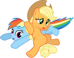 Size: 3516x2757 | Tagged: safe, artist:porygon2z, derpibooru import, applejack, rainbow dash, earth pony, pegasus, pony, fall weather friends, derp, dizzy, missing cutie mark, pony pile, prone, simple background, transparent background, vector