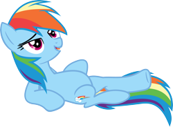 Size: 3535x2599 | Tagged: safe, artist:porygon2z, derpibooru import, rainbow dash, pegasus, pony, ponyville confidential, bedroom eyes, gimpy leg, on back, simple background, solo, transparent background, vector, wingless