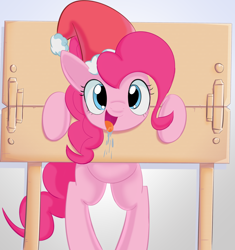 Size: 1768x1877 | Tagged: safe, artist:adequality, artist:mcsadat, derpibooru import, pinkie pie, earth pony, pony, christmas, drool, hat, medieval, pillory, santa hat, stocks, trapped