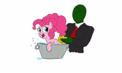 Size: 2048x1228 | Tagged: safe, artist:frikdikulous, pinkie pie, oc, oc:anon, earth pony, pony, bath, colored, simple background, sketch, tub