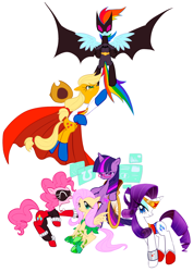 Size: 1400x1975 | Tagged: safe, artist:nottoc, derpibooru import, applejack, fluttershy, pinkie pie, rainbow dash, rarity, twilight sparkle, earth pony, pony, unicorn, batman, cosplay, harley quinn, mane six, oracle, pixiv, poison ivy, power girl, wonder woman, wonderjack