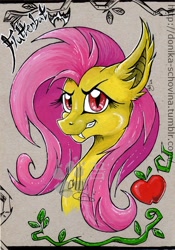 Size: 800x1141 | Tagged: safe, artist:donika-schovina, fluttershy, bat pony, pony, apple, bust, flutterbat, portrait, solo, traditional art