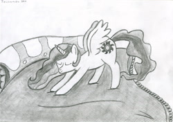 Size: 3900x2750 | Tagged: safe, artist:techarmsbu, princess celestia, alicorn, pony, bed, high res, monochrome, solo, stretching