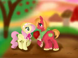 Size: 2261x1700 | Tagged: safe, artist:1231redflame, big macintosh, fluttershy, earth pony, pegasus, pony, bandana, blushing, bonnet, bouquet, fluttermac, male, shipping, stallion, straight