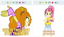 Size: 480x276 | Tagged: safe, edit, adagio dazzle, sour sweet, dance magic, equestria girls, spoiler:eqg specials, clothes, crystal, derpibooru, freckles, gloves, jewelry, juxtaposition, meme, meta, open mouth, ponytail, simple background, skirt, white background, yelling