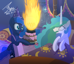 Size: 1280x1114 | Tagged: safe, artist:bluse, princess celestia, princess luna, alicorn, pony, apron, bed, bipedal, birthday, cake, candle, clothes, d:, duo, female, fire, frown, happy, hat, hoof hold, immortality, mare, messy mane, missing accessory, open mouth, party hat, show accurate, shrunken pupils, smiling, wide eyes
