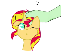 Size: 655x579 | Tagged: safe, artist:0darky0, edit, sunset shimmer, oc, oc:anon, pony, unicorn, :<, cute, disembodied hand, hand, human on pony petting, one eye closed, petting, shimmerbetes, simple background, white background