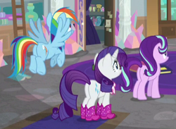 Size: 373x273 | Tagged: safe, screencap, rainbow dash, rarity, starlight glimmer, pegasus, pony, unicorn, the end in friend, boots, cropped, female, flying, glitter boots, mare, plot, shoes, trio