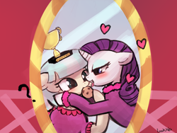 Size: 960x720 | Tagged: safe, artist:lumineko, coco pommel, rarity, pony, unicorn, bedroom eyes, blushing, cookie, eating, female, floppy ears, food, heart, lesbian, licking, marshmallow coco, mirror, shipping, tongue out, trophy, trophy waifu