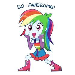 Size: 1028x1028 | Tagged: safe, artist:ryuu, derpibooru import, rainbow dash, equestria girls, boots, chibi, clothes, cute, dashabetes, dress, fall formal outfits, female, gloves, looking at you, open mouth, shoes, simple background, skirt, so awesome, solo, white background