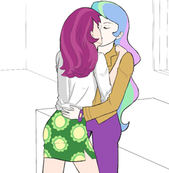 Size: 707x721 | Tagged: artist needed, safe, cheerilee, princess celestia, principal celestia, equestria girls, cheerilestia, duo, female, kissing, lesbian, shipping