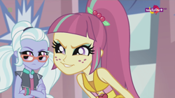 Size: 1136x638 | Tagged: safe, screencap, sour sweet, sugarcoat, dance magic, equestria girls, spoiler:eqg specials, crossed arms, crystal prep academy, duo, evil grin, female, freckles, glasses, grin, ponytail, smiling, smug, teletoon, u mad