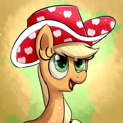 Size: 800x800 | Tagged: source needed, safe, artist:senx, applejack, earth pony, pony, daring don't, apple hat, grin, hat, party stetson, ponytail, smiling, solo