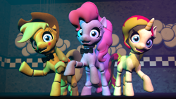 Size: 1920x1080 | Tagged: safe, artist:razethebeast, applejack, pinkie pie, sunset shimmer, earth pony, pony, unicorn, 3d, animatronic, cowboy hat, crossover, five nights at freddy's, hat, metal, open mouth, raised hoof, source filmmaker, stetson