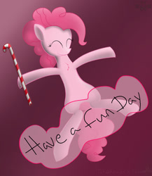 Size: 762x878 | Tagged: safe, artist:allyster-black, pinkie pie, earth pony, pony, candy cane, gradient background, smiling, solo, text