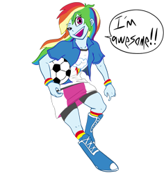 Size: 935x992 | Tagged: safe, artist:sozglitch, derpibooru import, rainbow dash, equestria girls, boots, clothes, compression shorts, female, football, looking at you, shoes, shorts, simple background, skirt, socks, sports, transparent background