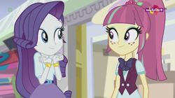 Size: 1136x638 | Tagged: safe, screencap, rarity, sour sweet, dance magic, equestria girls, spoiler:eqg specials, bowtie, clothes, crystal prep academy uniform, duo, female, freckles, mall, ponytail, school uniform, shopping, smiling, teletoon