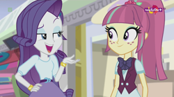 Size: 1136x638 | Tagged: safe, screencap, rarity, sour sweet, dance magic, equestria girls, spoiler:eqg specials, bowtie, clothes, crystal prep academy uniform, freckles, hand on hip, mall, ponytail, school uniform, smiling, teletoon