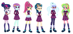 Size: 1365x647 | Tagged: safe, indigo zap, lemon zest, sci-twi, sour sweet, sugarcoat, sunny flare, twilight sparkle, equestria girls, friendship games, book, bowtie, clothes, crystal prep academy uniform, ear piercing, earring, female, freckles, glasses, goggles, group, hand on hip, hands behind back, headphones, jewelry, looking at you, necktie, piercing, school uniform, shadow five, shadow six, shoes, socks, waving, wristband