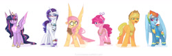 Size: 1024x337 | Tagged: safe, artist:doretihome, derpibooru import, applejack, fluttershy, pinkie pie, rainbow dash, rarity, twilight sparkle, twilight sparkle (alicorn), alicorn, earth pony, pegasus, pony, unicorn, alternate hairstyle, clothes, cutie mark, female, glasses, goggles, horn, simple background, spread wings, uniform, white background, wings, wonderbolts uniform