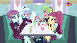 Size: 1136x640 | Tagged: safe, screencap, lemon zest, sour sweet, sugarcoat, sunny flare, dance magic, equestria girls, spoiler:eqg specials, clothes, crossed arms, crystal prep academy uniform, drink, female, freckles, glasses, group, headphones, milkshake, sad, school uniform, teletoon