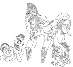 Size: 1834x1690 | Tagged: safe, artist:terry, derpibooru import, fluttershy, twilight sparkle, pegasus, pony, bumblebee, color me, crossover, grayscale, monochrome, optimus prime, rocking horse, traditional art, transformers