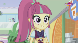 Size: 1136x638 | Tagged: safe, screencap, bon bon, lyra heartstrings, sour sweet, sweetie drops, dance magic, equestria girls, spoiler:eqg specials, bowtie, canterlot mall, clothes, crystal prep academy uniform, cute, female, happy, mall, ponytail, school uniform, smiling, sourbetes, teletoon