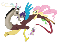 Size: 1280x887 | Tagged: safe, artist:precosiouschild, discord, fluttershy, spike, dragon, pegasus, pony, discoshy, female, male, shipping, straight