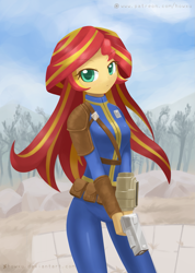 Size: 1075x1512 | Tagged: safe, artist:howxu, sunset shimmer, equestria girls, 10mm pistol, belt, clothes, crossover, fallout, gun, handgun, jumpsuit, long hair, looking at you, pistol, rock, solo, tree, vault suit, weapon