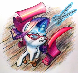 Size: 1024x958 | Tagged: safe, artist:dynamiclines, rarity, pony, unicorn, fabric, glasses, magic, perspective, scissors, stool, traditional art