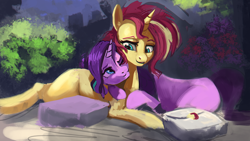 Size: 1920x1080 | Tagged: safe, artist:hierozaki, starlight glimmer, sunset shimmer, pony, unicorn, cuddling, female, lesbian, mare, shimmerglimmer, shipping, smiling, wip