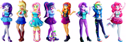 Size: 6422x2155 | Tagged: safe, artist:the-butch-x, applejack, fluttershy, pinkie pie, rainbow dash, rarity, sci-twi, spike, spike the regular dog, starlight glimmer, sunset shimmer, twilight sparkle, dog, equestria girls, equestria girls series, mirror magic, spoiler:eqg specials, applejack's hat, applerack, arm behind head, barrette, beanie, belt, blushing, boots, bracelet, breasts, busty sci-twi, clothes, collar, converse, cowboy hat, cute, cutie mark on clothes, denim skirt, diapinkes, dress, eyeshadow, female, freckles, geode of empathy, geode of fauna, geode of shielding, geode of sugar bombs, geode of super speed, geode of super strength, geode of telekinesis, glasses, grin, hair tie, hairclip, hairpin, hand on waist, hands behind back, hat, heart, high heel boots, high heels, high res, hoodie, hootershy, humane eight, humane five, humane seven, humane six, jacket, jewelry, leather, leather jacket, looking at you, magical geodes, makeup, nervous, open mouth, pants, pantyhose, peace sign, pinkie pies, platform shoes, ponytail, poofy shoulders, pose, rainboob dash, raised eyebrow, raised leg, raribetes, raritits, ripped pants, sandals, shirt, shoes, simple background, skirt, smiling, sneakers, socks, standing, starlight jiggler, stetson, stockings, sunset jiggler, sweat, tanktop, thigh highs, tights, vest, watch, waving, white background, wristwatch
