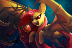 Size: 1500x1000 | Tagged: safe, artist:tsaoshin, fluttershy, bat, bat pony, pony, action pose, apple, eyes on the prize, female, flutterbat, flying, foreshortening, mare, solo