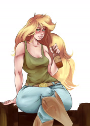 Size: 1280x1793 | Tagged: safe, artist:sundown, applejack, human, applebucking thighs, blushing, clothes, crossed legs, drink, drinking, female, freckles, humanized, light skin, looking at you, scar, simple background, sitting, solo, tanktop, white background, wide hips
