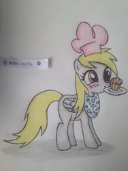 Size: 296x394 | Tagged: safe, derpy hooves, pegasus, pony, apron, chef's hat, clothes, female, food, hat, mare, mouth hold, muffin, solo, traditional art