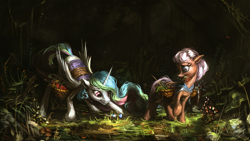 Size: 1920x1080 | Tagged: safe, artist:assasinmonkey, princess celestia, oc, alicorn, earth pony, pony, duo, female, first contact war, forest, mare, wallpaper