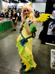 Size: 768x1024 | Tagged: artist needed, safe, fluttershy, human, rabbit, 2013, anime weekend atlanta, clothes, convention, cosplay, dress, gala dress, irl, irl human, photo, plushie