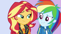 Size: 1920x1080 | Tagged: safe, derpibooru import, screencap, rainbow dash, sunset shimmer, a fine line, better together, equestria girls, geode of empathy, geode of super speed, looking at each other, magical geodes